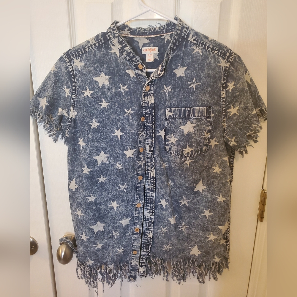 Kid's Denim Blue Button Down Short Sleeve Shirt With Frayed Edges & White Stars